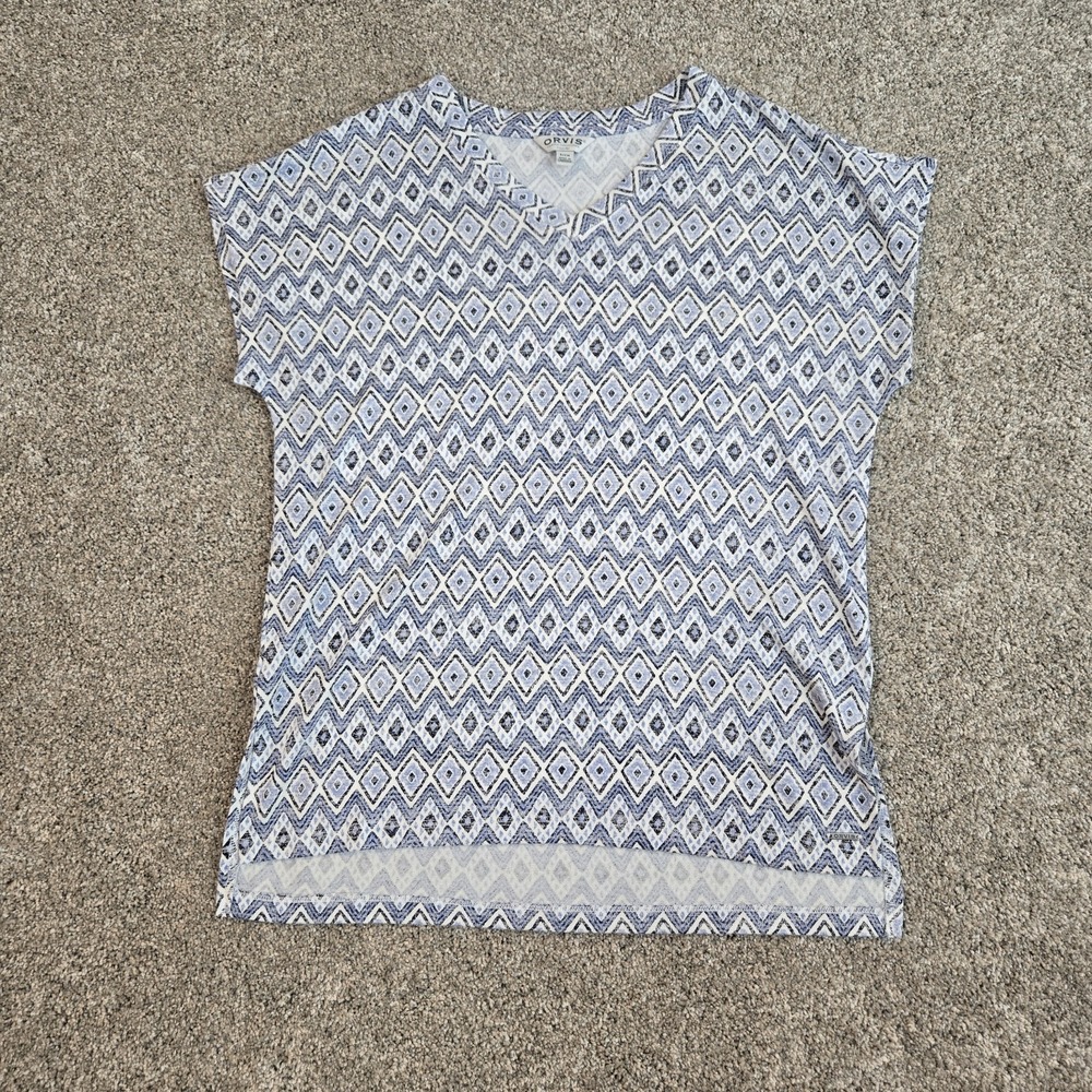 Orvis Shirt Womens Size Small Blue White Diamond Geo Print‎ Short Sleeve Stretch - Picture 2 of 9
